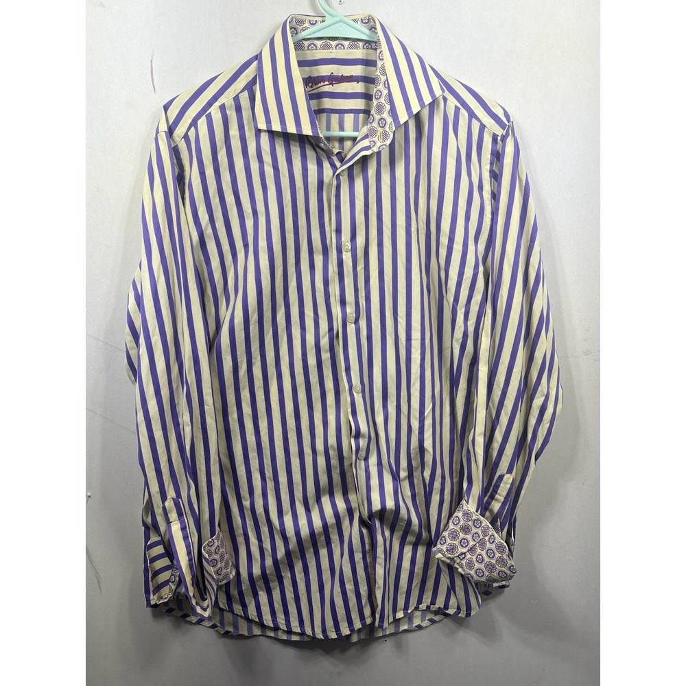Robert Graham Dress Shirt Mens Large 16.5 Contrast French Cuff Purple Striped